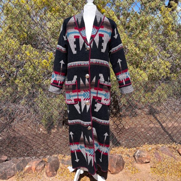 Vintage Rhonda Stark Duster, Blanket Long Coat in BLACK BEAUTY print, Sz M, EUC